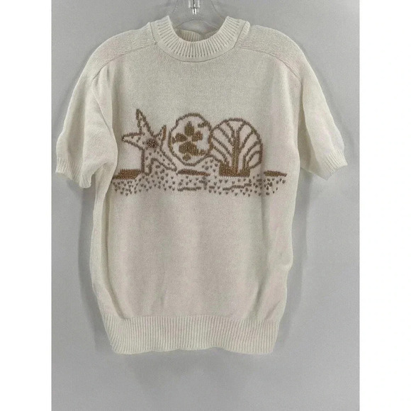 VINTAGE STONEY CREEK WHITE SHORT SLEEVE GOLD METALLIC SEA SHELLS SIZE MEDIUM USA - Picture 1 of 7